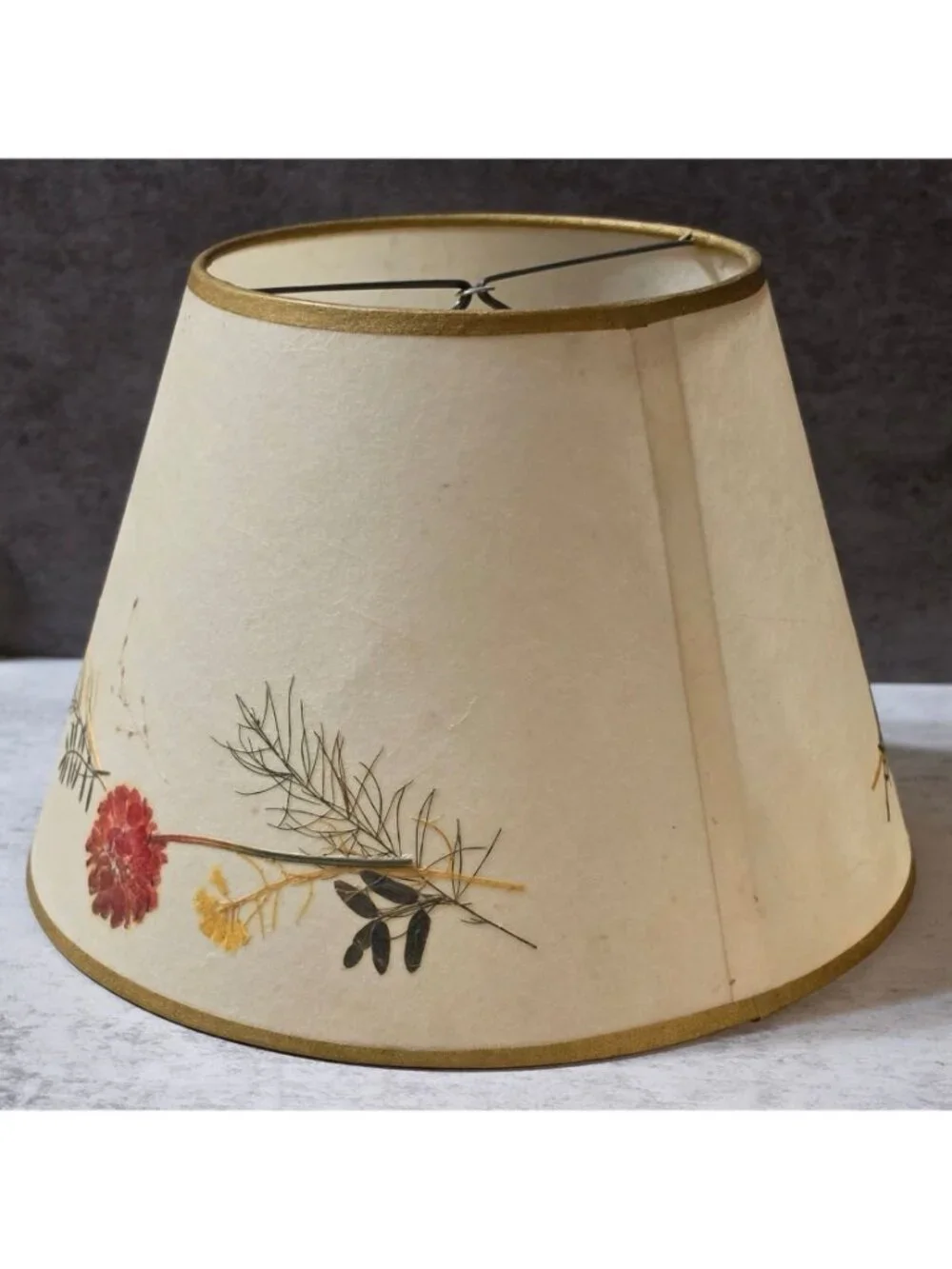 Vtg Van Briggle Style Botanical Lamp Shade Real Pressed Flowers w Butterfly 10